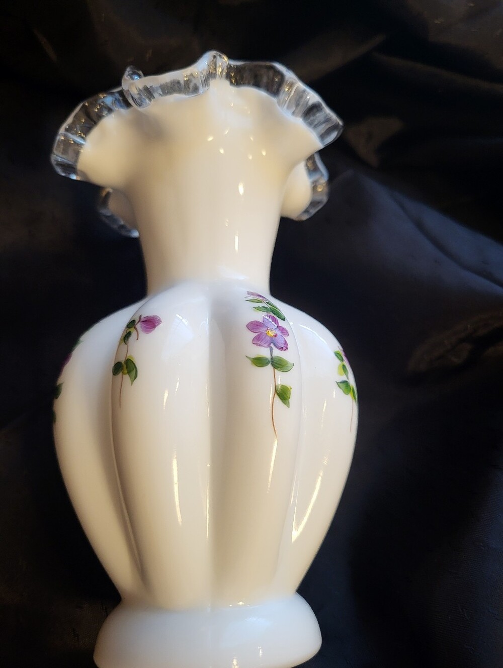 Fenton 6 In. White Glass Violets In The Snow Ruffled Vase - Picture 8 of 15